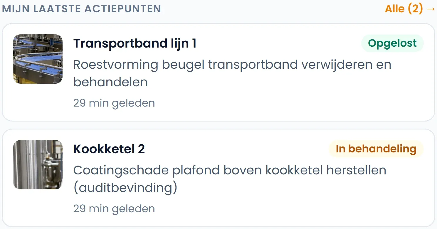 KD-actiepunten met status en machinefoto