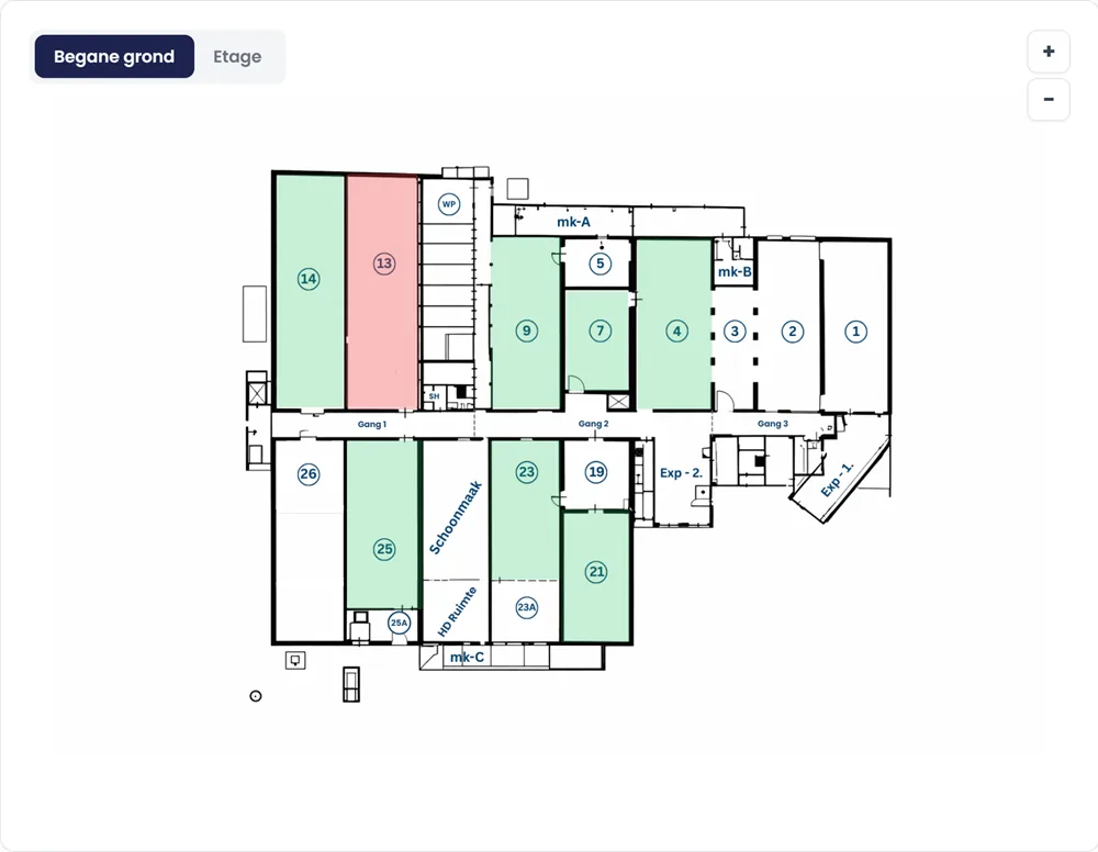Interactieve fabrieksplattegrond met status per ruimte