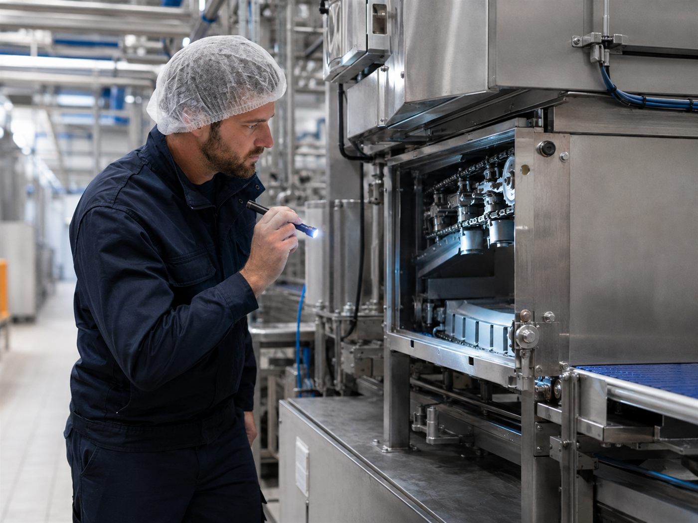 Monteur inspecteert een verpakkingsmachine in een voedingsfabriek